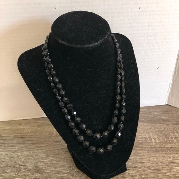 Vtg Black Faceted Glass Beaded Necklace - Picture 1 of 13